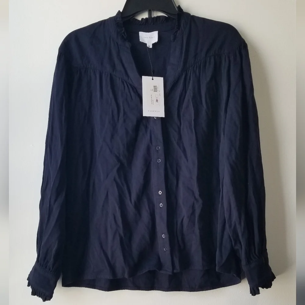 Sundays Andrea Long Sleeve Twill Top In Navy Size XS - Picture 9 of 13